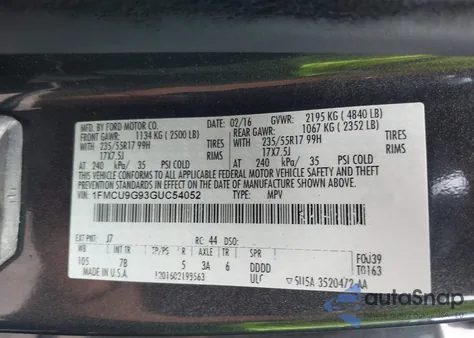 2016 Ford Escape Se из США, поврежденный, VIN 1FMCU9G93GUC54052